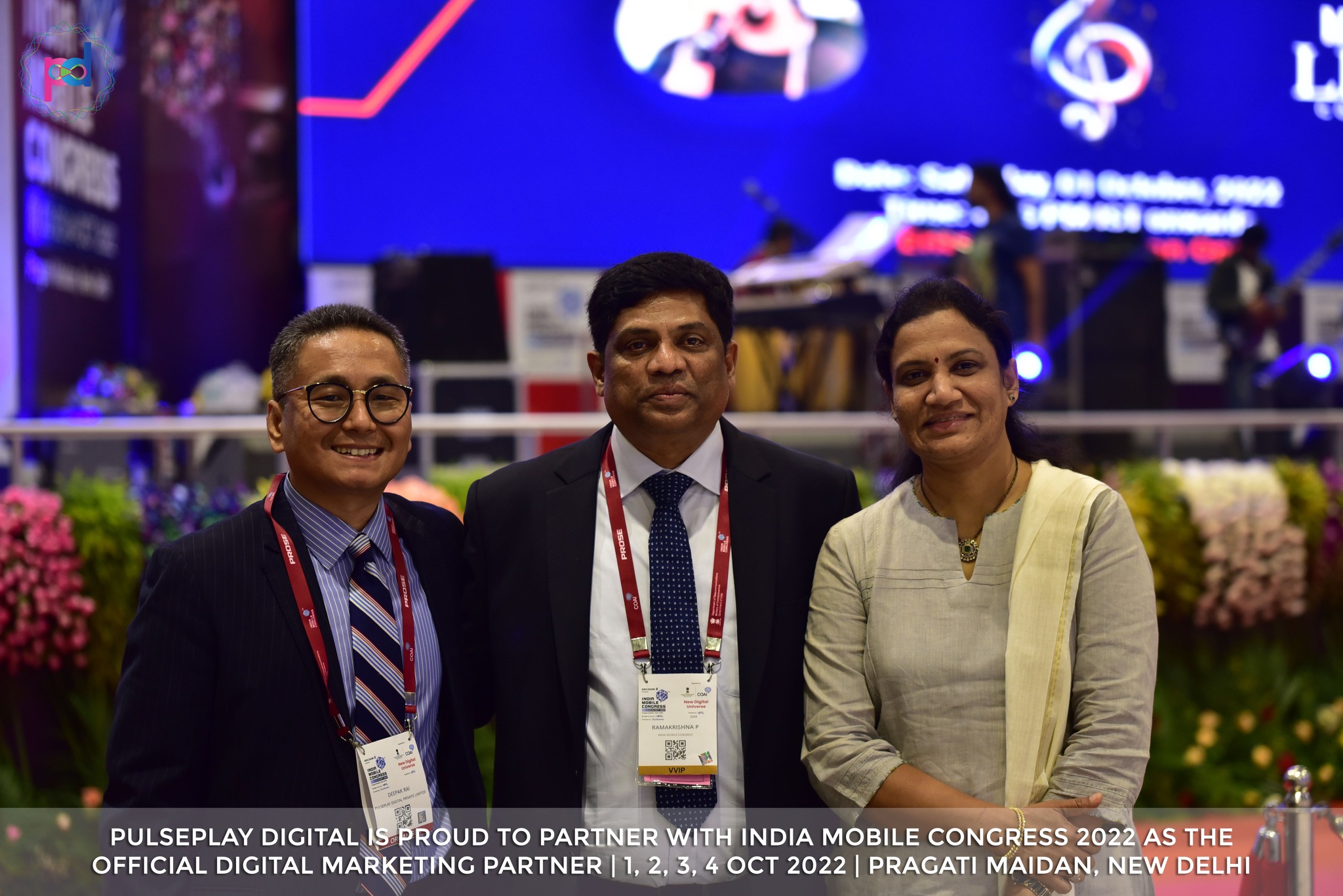 Deepak Rai, Co-founder &amp; CEO, PulsePlay Digital with Mr. Ramakrishna P, CEO, India Mobile Congress and Principal Advisor, Cellular Operators Association of India (COAI) and Mrs. Ramakrishna P at #IMC2022